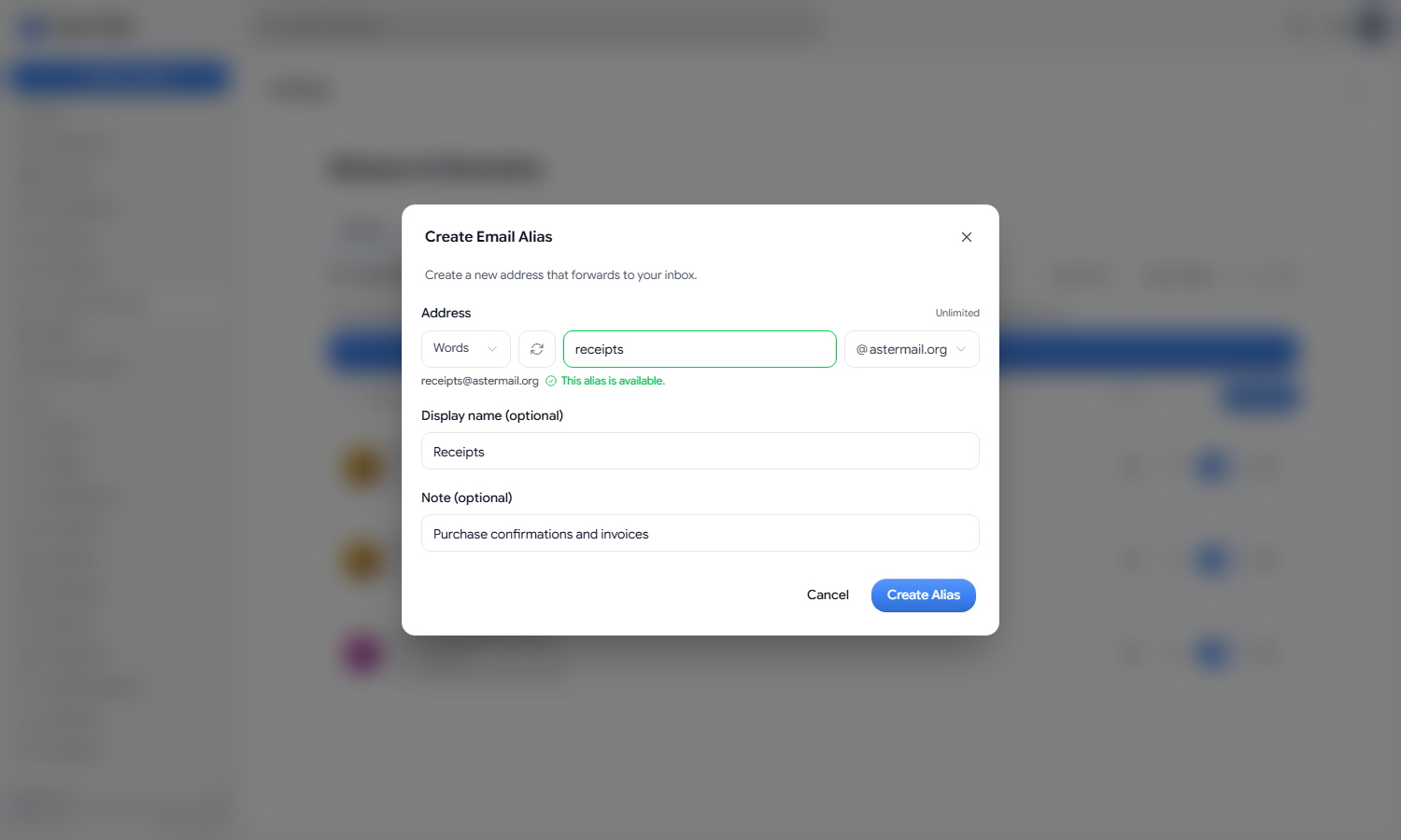 The Create Email Alias dialog in Aster Mail, with an address, a display name, and a note filled in