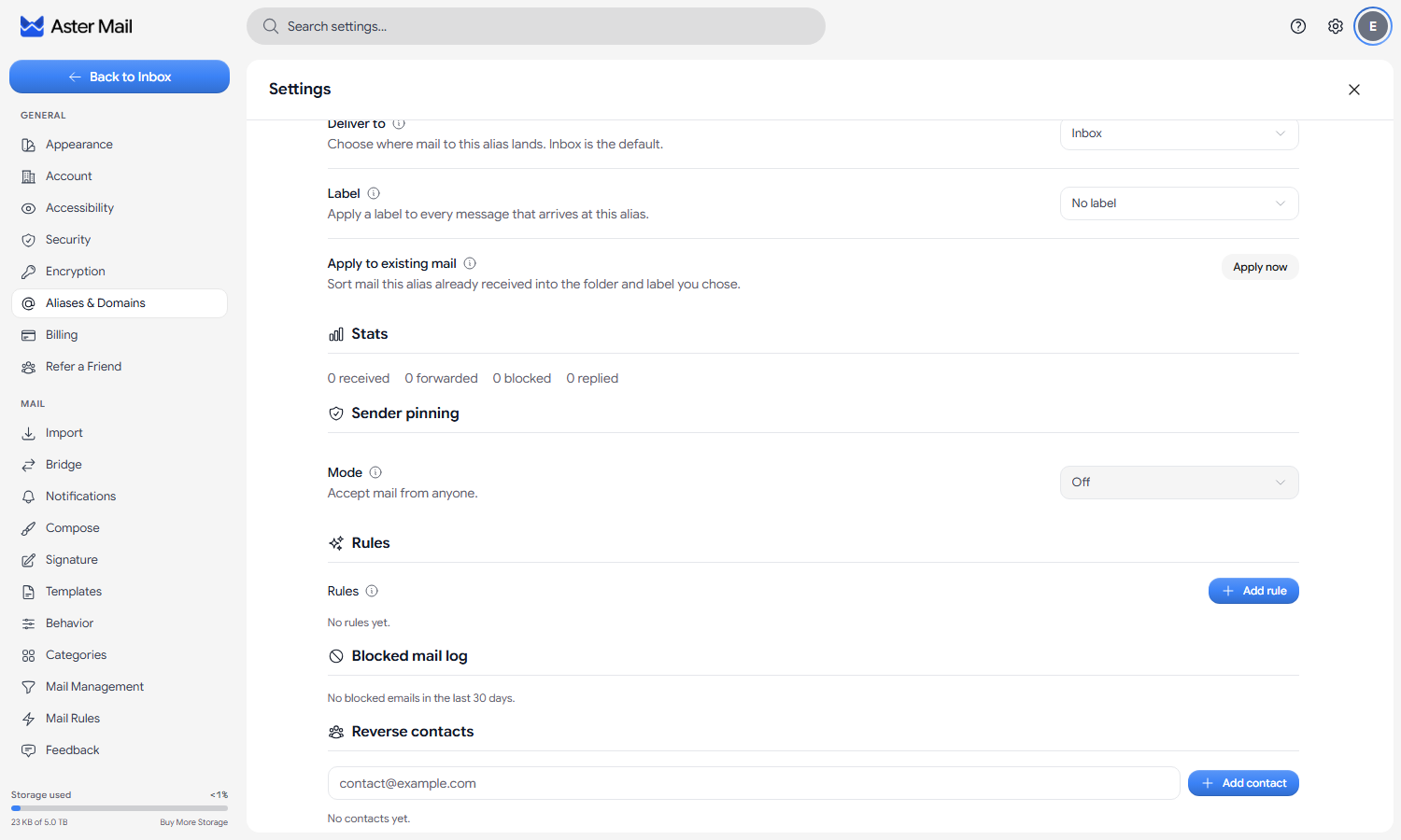 The delivery, stats, sender pinning, and rules sections of an alias in Aster Mail