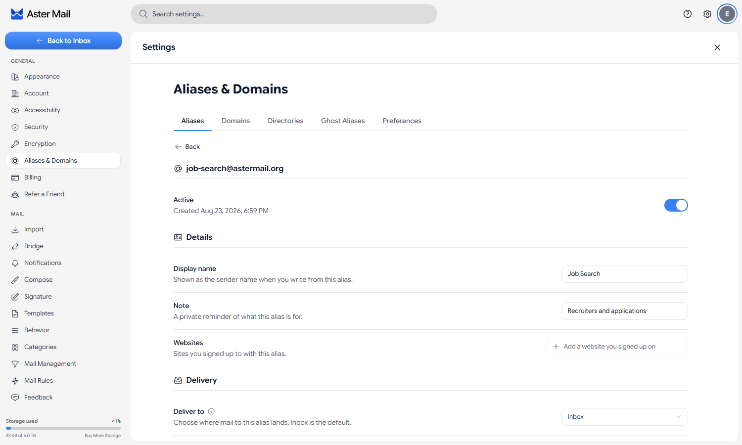 The details section of an alias in Aster Mail, showing the display name, note, and websites fields