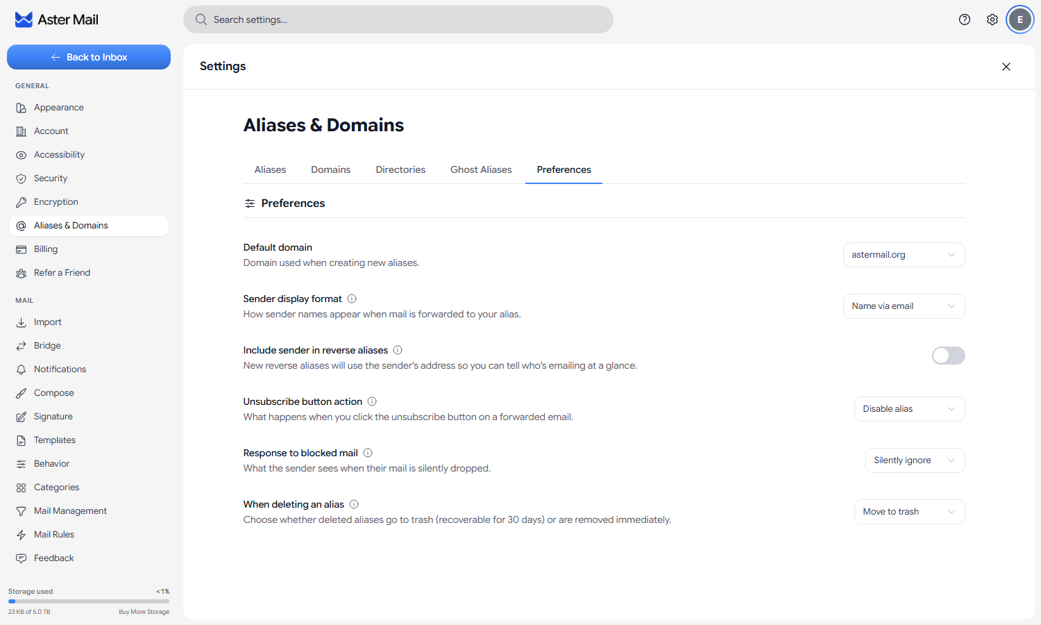 The Preferences tab under Aliases & Domains in Aster Mail