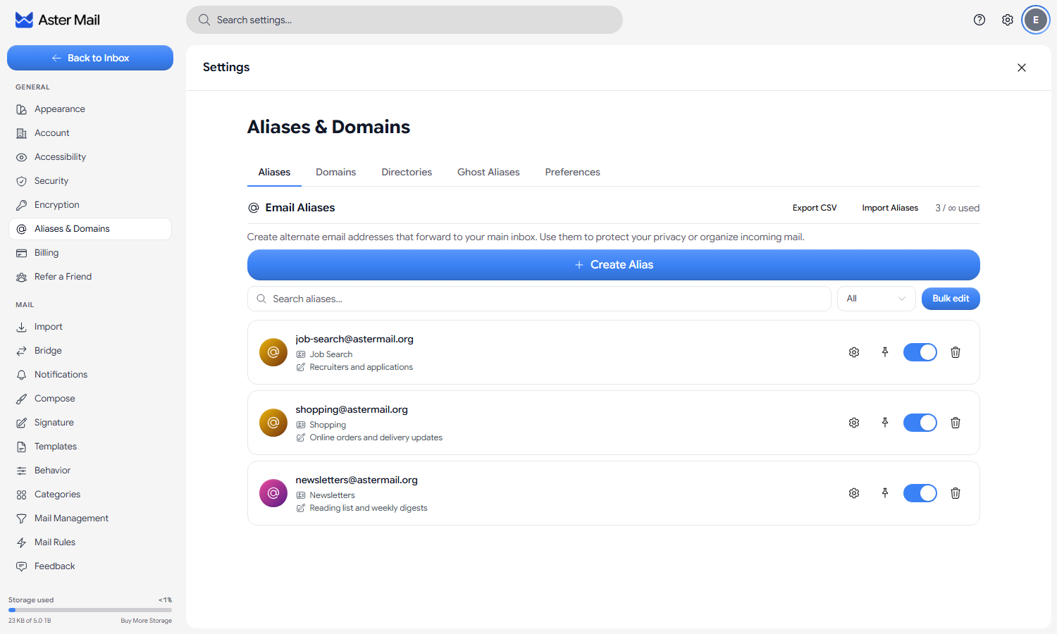 The Aliases tab in Aster Mail settings, showing three aliases with display names and notes