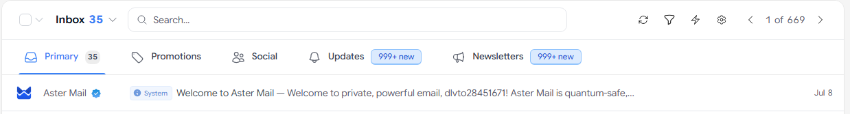 The Aster Mail inbox with category tabs for Primary, Promotions, Social, Updates, and a custom Newsletters category