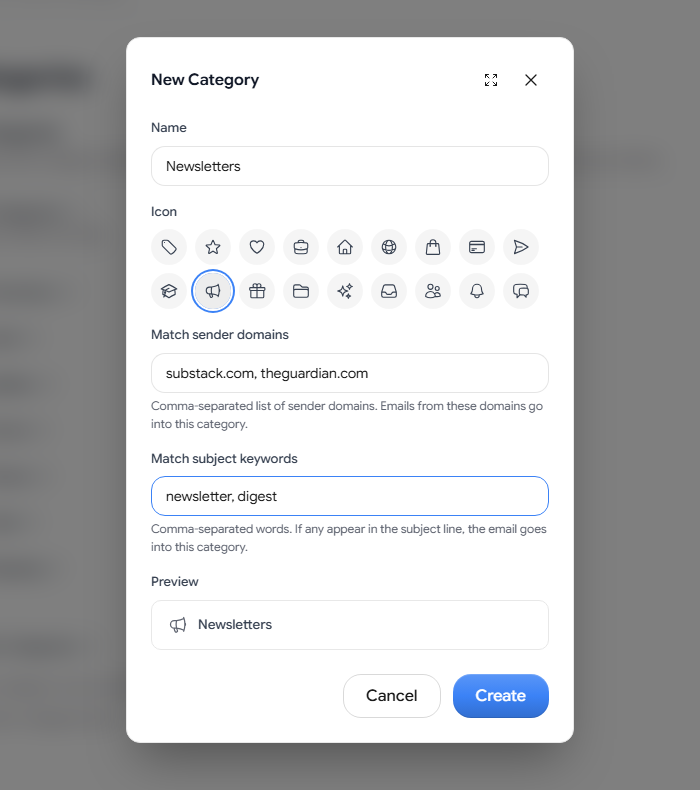 The New Category dialog filled in with a Newsletters category matching two sender domains and two subject keywords