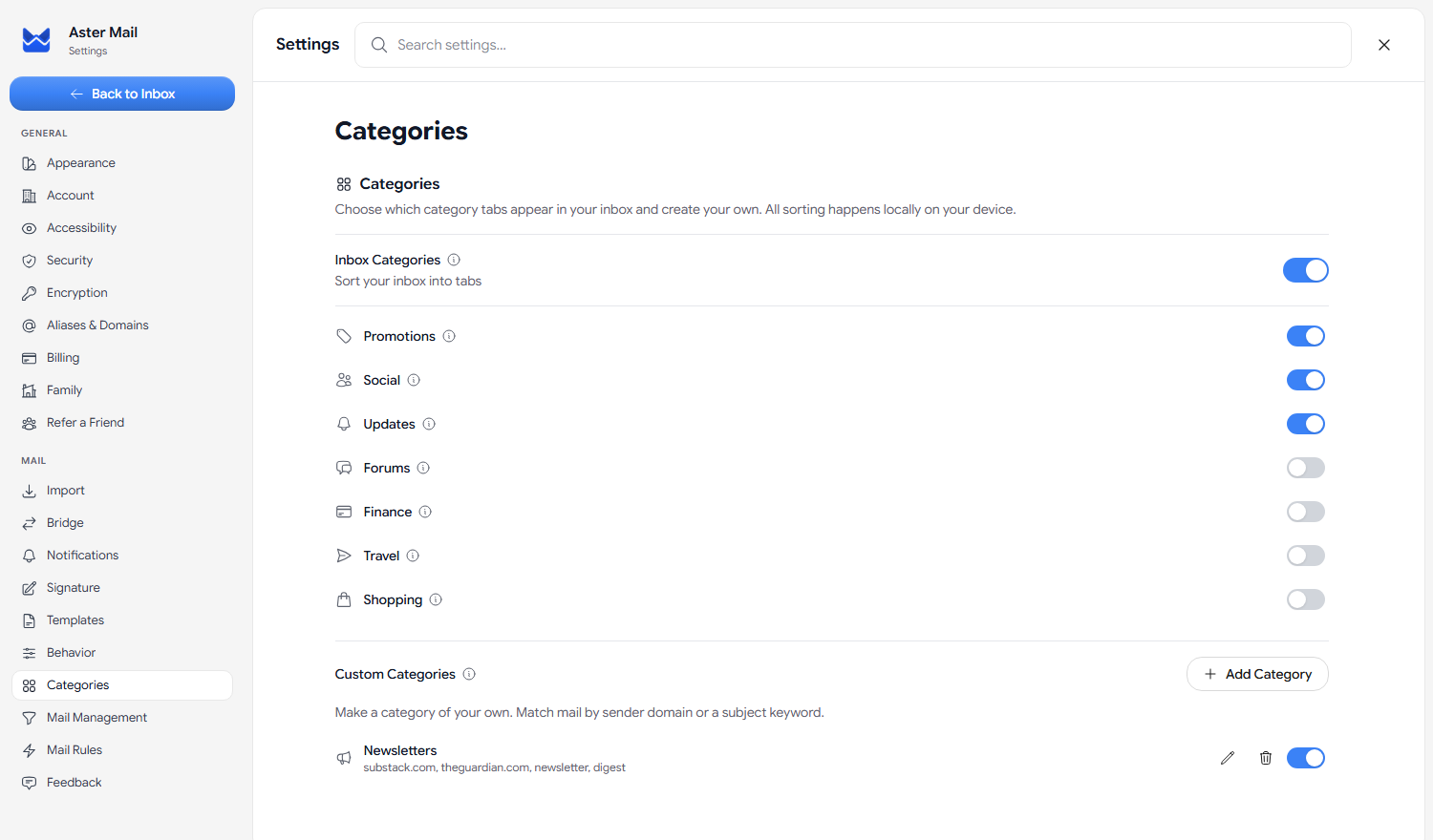 The Categories settings page in Aster Mail with built-in category toggles and a custom Newsletters category