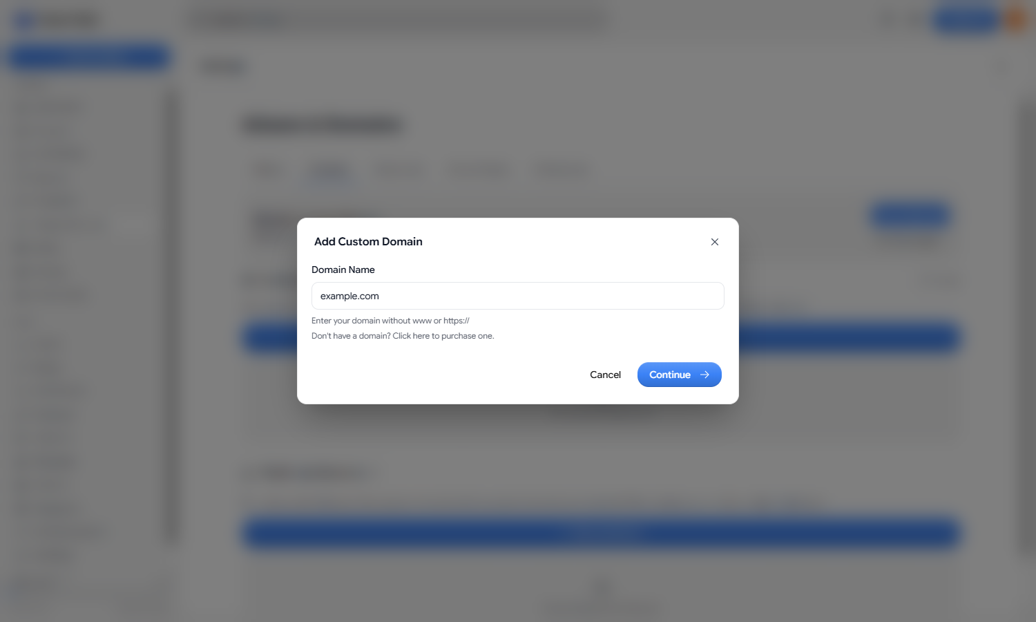 The Add Custom Domain dialog with example.com entered in the Domain Name field