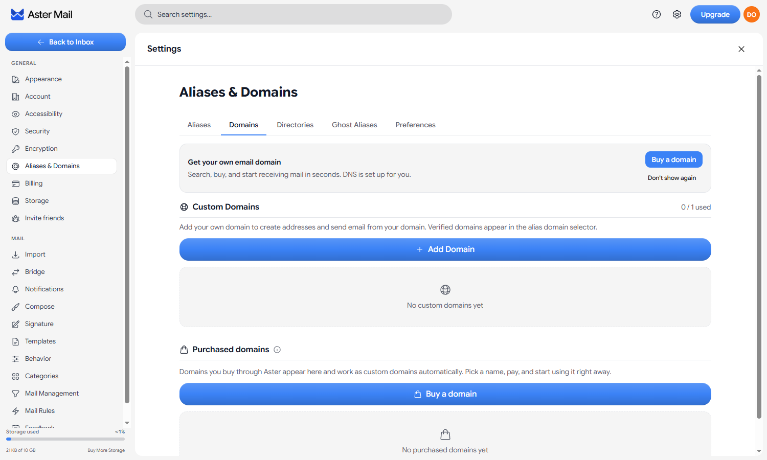 The Domains tab in Aster settings with the Add Domain button and an empty custom domains list