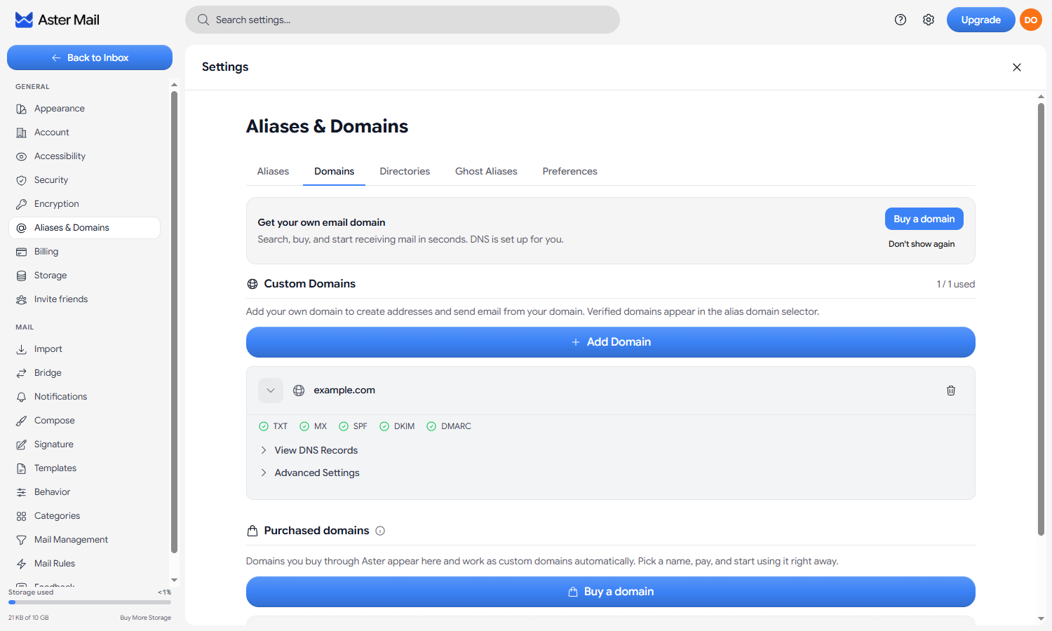 The Domains tab showing example.com expanded with TXT, MX, SPF, DKIM, and DMARC all verified
