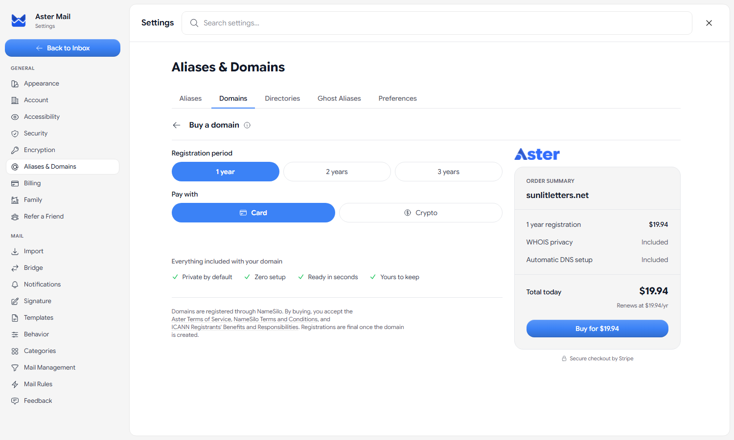 The domain checkout screen in Aster Mail with registration period, card or crypto payment options, and an order summary showing WHOIS privacy and automatic DNS setup included