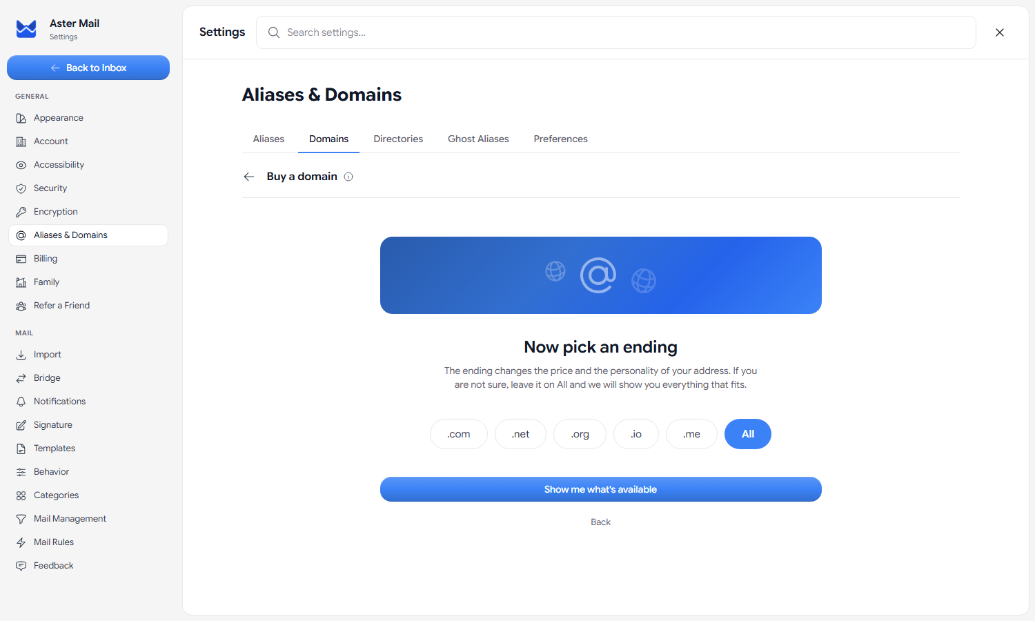 The second step of the domain purchase flow where you pick a domain ending such as .com, .net, .org, .io, or .me