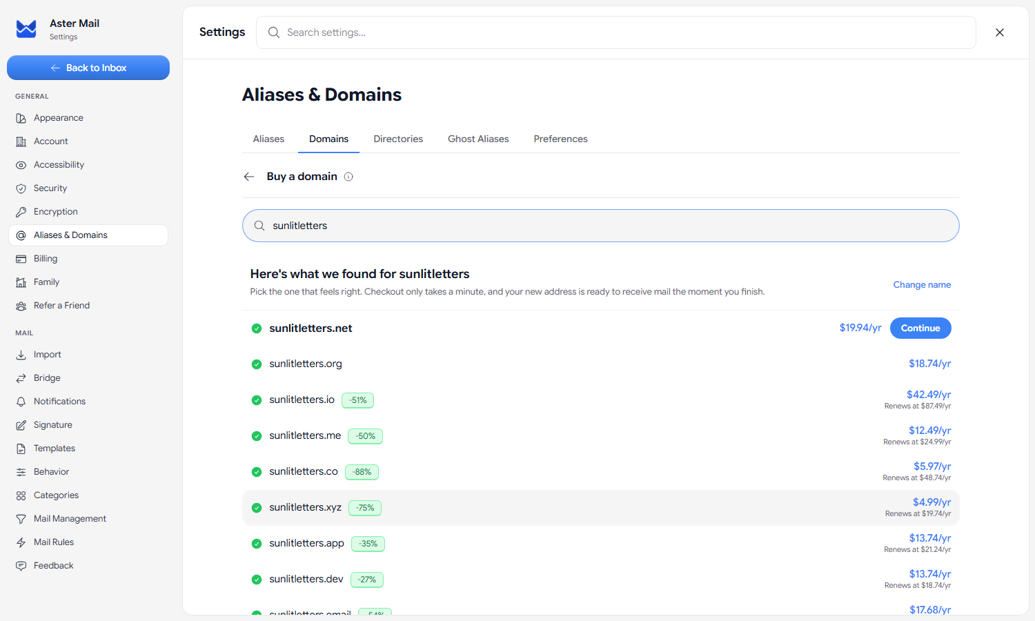 Search results for a domain name in Aster Mail showing live availability, yearly prices, first-year discounts, and renewal prices across many endings