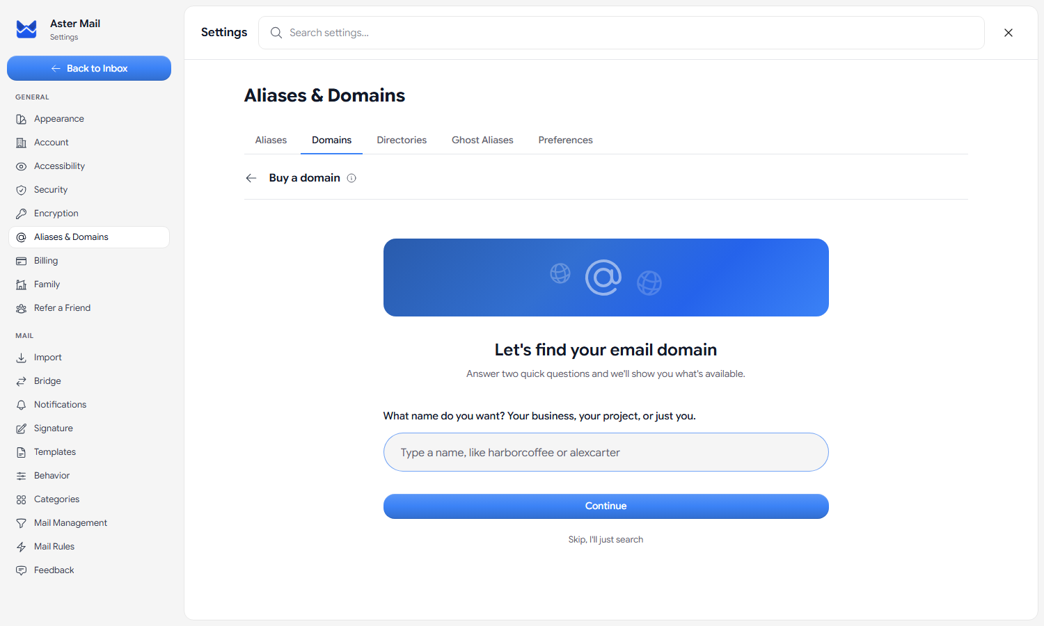 The start of the domain purchase flow asking what name you want for your domain