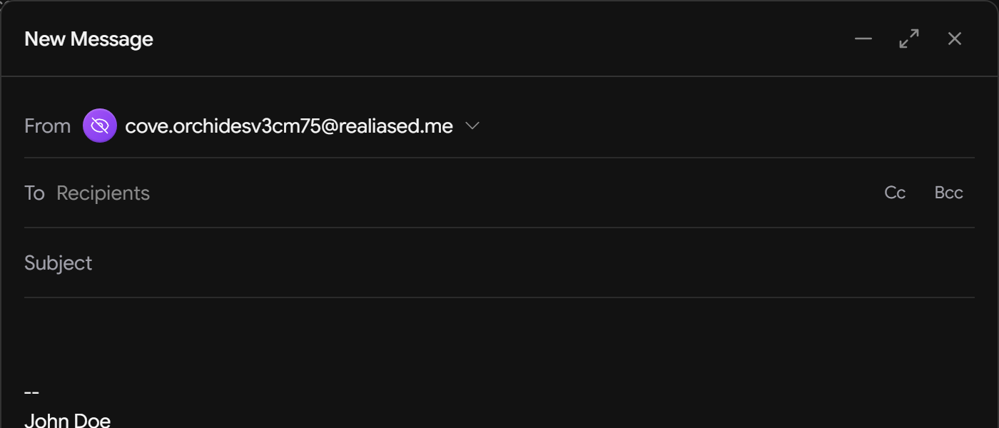 The compose window in Aster Mail with a freshly created ghost alias set as the From address, ready to send