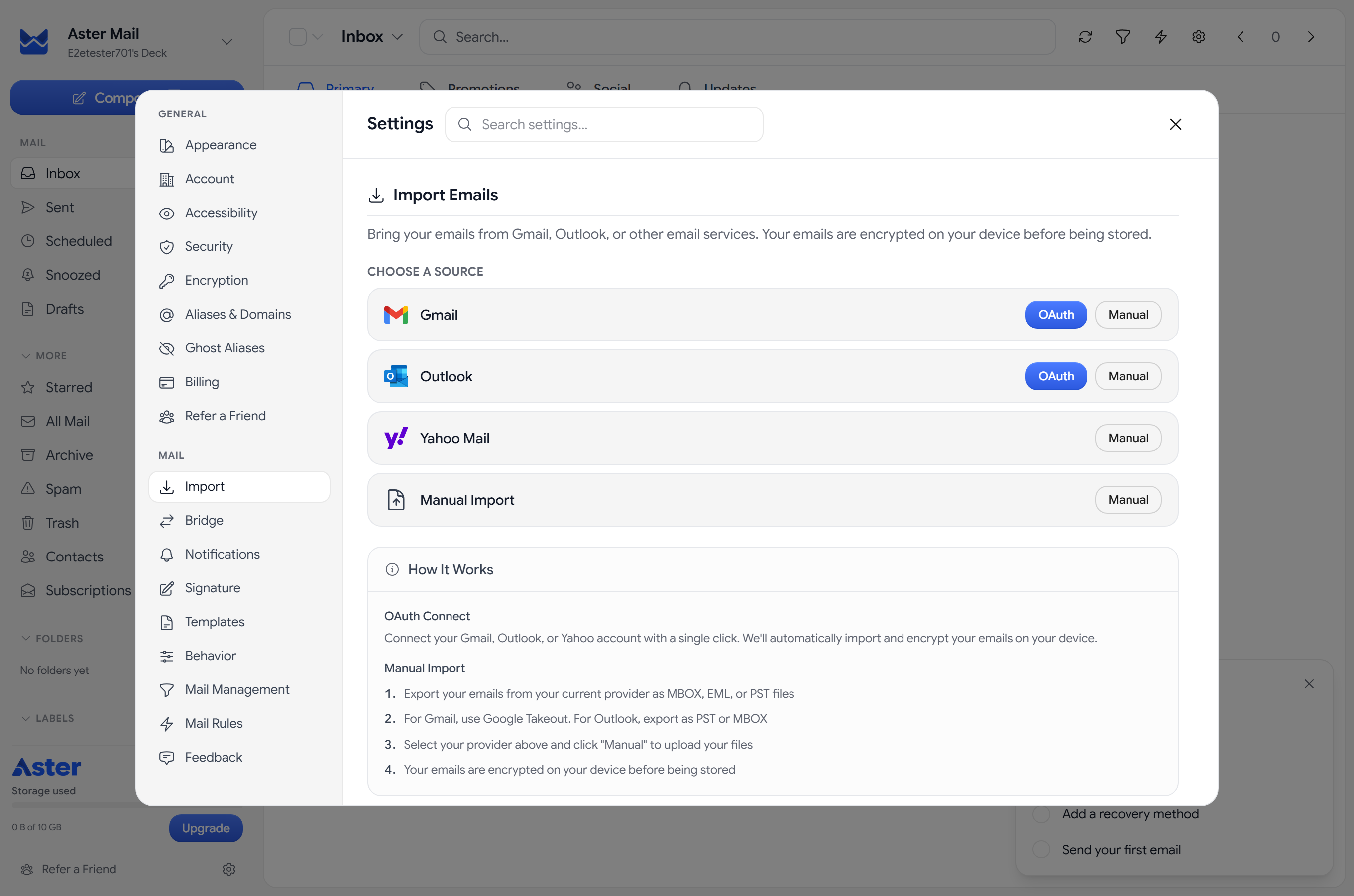 The Import Emails screen in Aster settings, showing a row for Gmail, Outlook, Yahoo Mail, and Manual Import, each with buttons to connect.