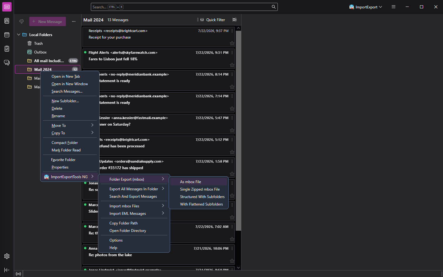 The Mail 2024 folder's right-click menu in Thunderbird, with Folder Export (mbox) open and As mbox File highlighted.