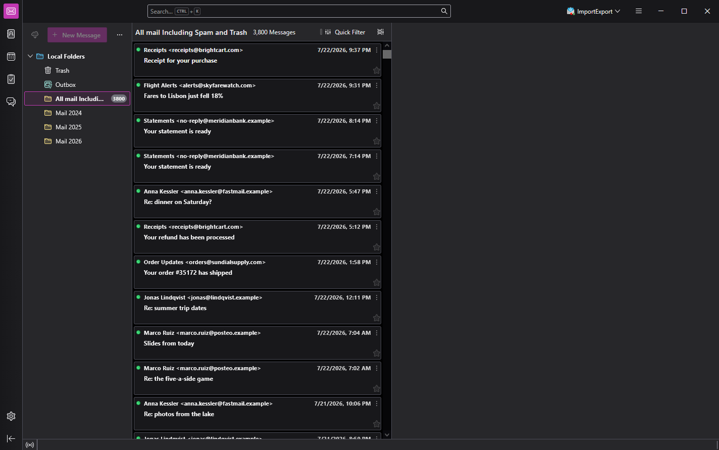 The imported mailbox open in Thunderbird, showing 3,800 messages under Local Folders.