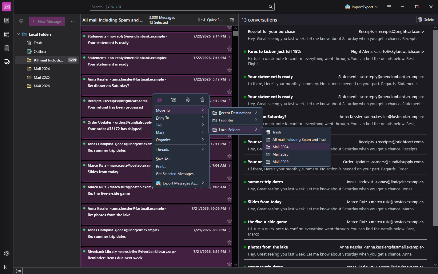 A selection of messages in Thunderbird with the right-click menu open, showing Move To, Local Folders, and the Mail 2024 folder about to be picked.