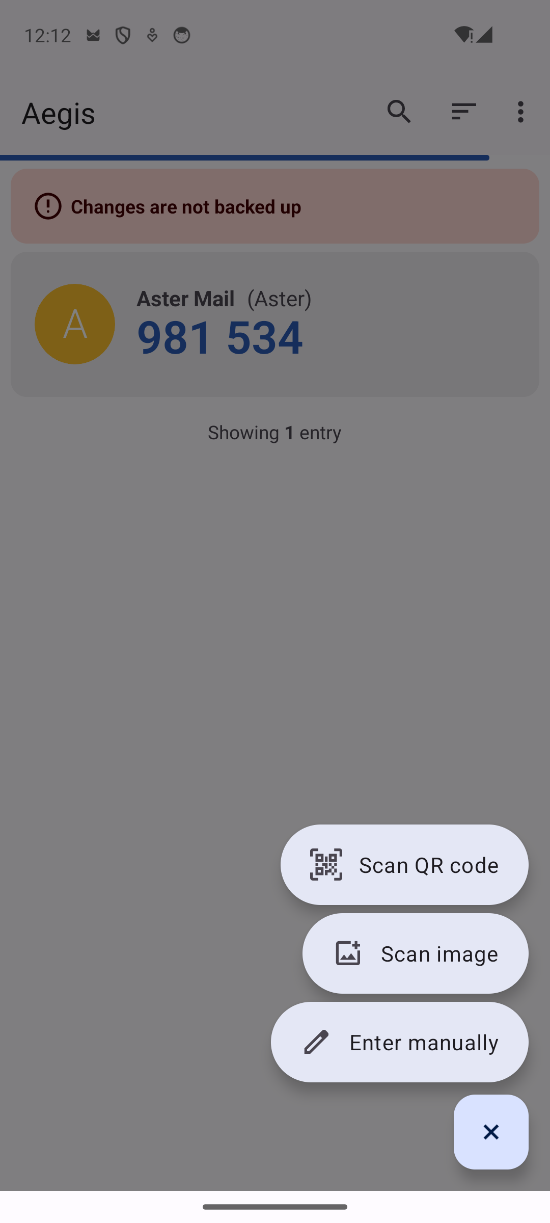 An authenticator app's add-account menu with Scan QR code, Scan image, and Enter manually options