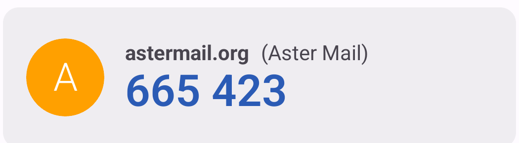An authenticator app entry showing a live rotating 6-digit code for astermail.org