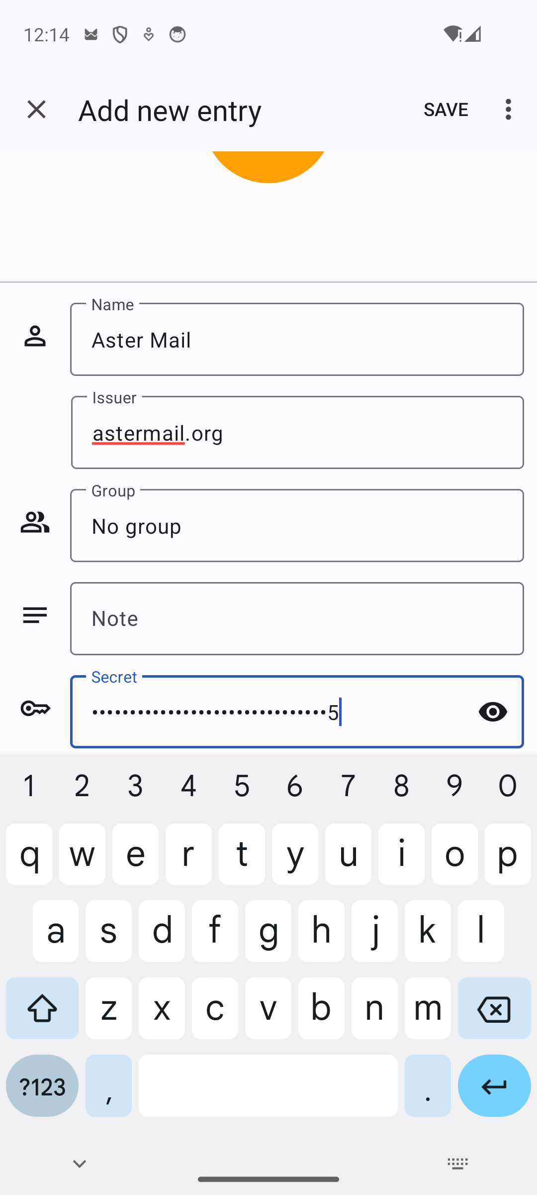 The manual entry form filled in with the account name and a masked secret key