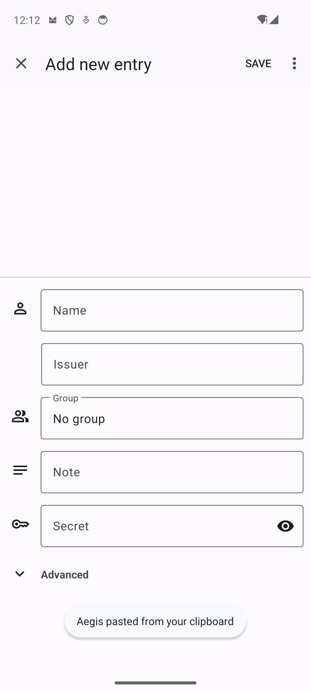 An authenticator app's manual entry form with empty Name, Issuer, and Secret fields