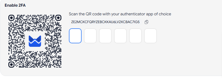 The QR code and secret key panel on the Security settings page