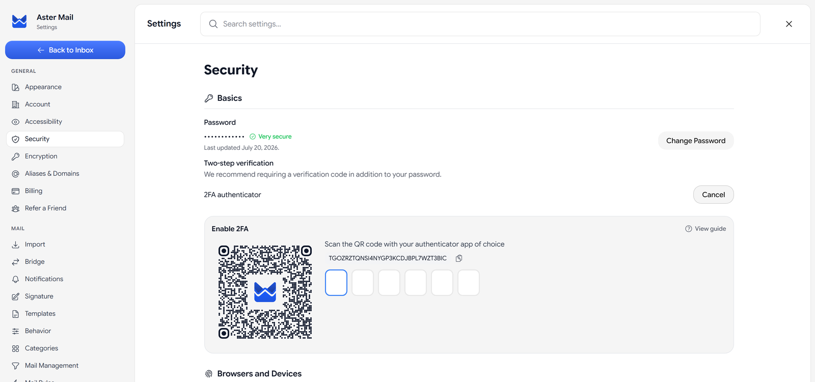The Security settings page with the Enable 2FA panel open